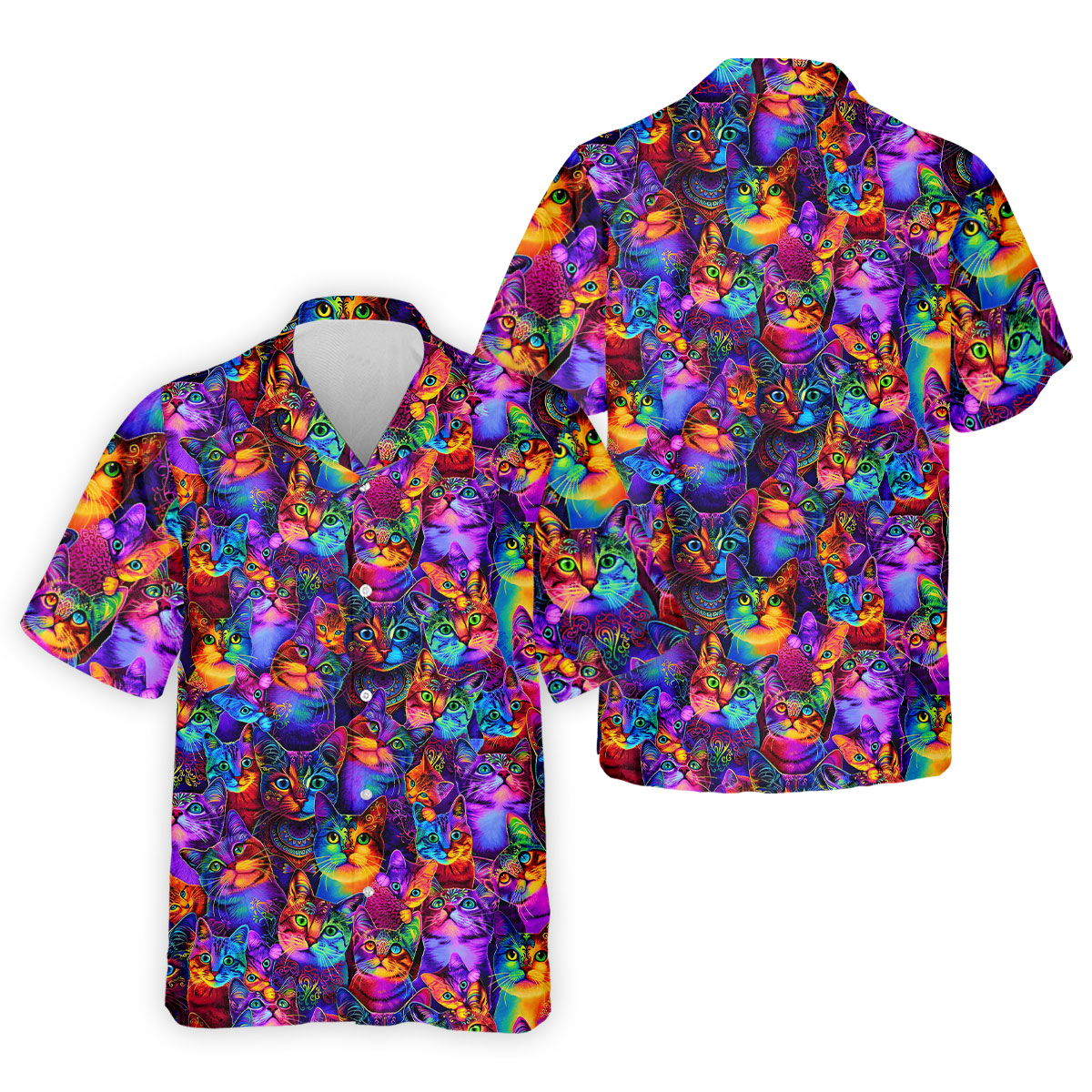 Psychedelic Cat Golf Shirt, Colorful Neon Cat Pattern, Polo Shirts For Men
