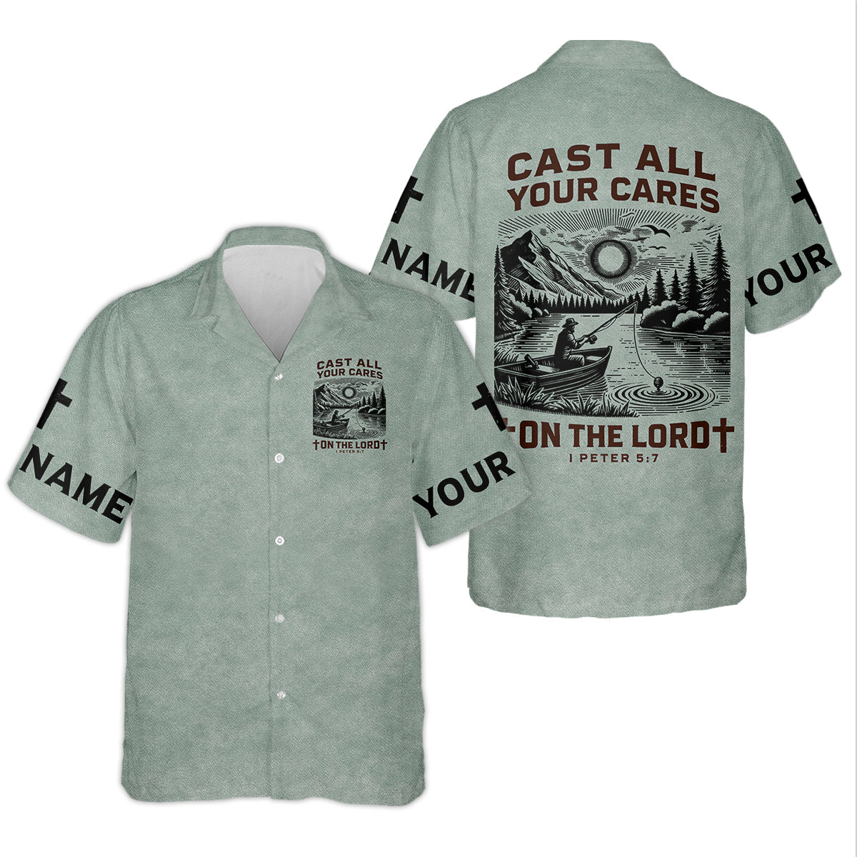 Cast All Your Cares On The Lord Faith Cross Fishing UPF Shirts, Christian Fishing Shirts For Men