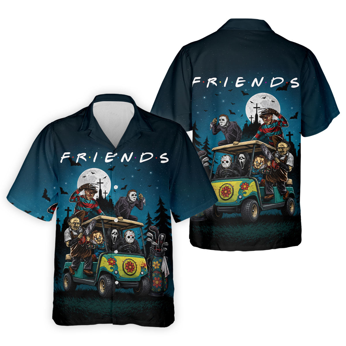 Horror Character Golf Cart Polo Shirt, Halloween Golf Shirt, Mens Halloween Golf Shirt