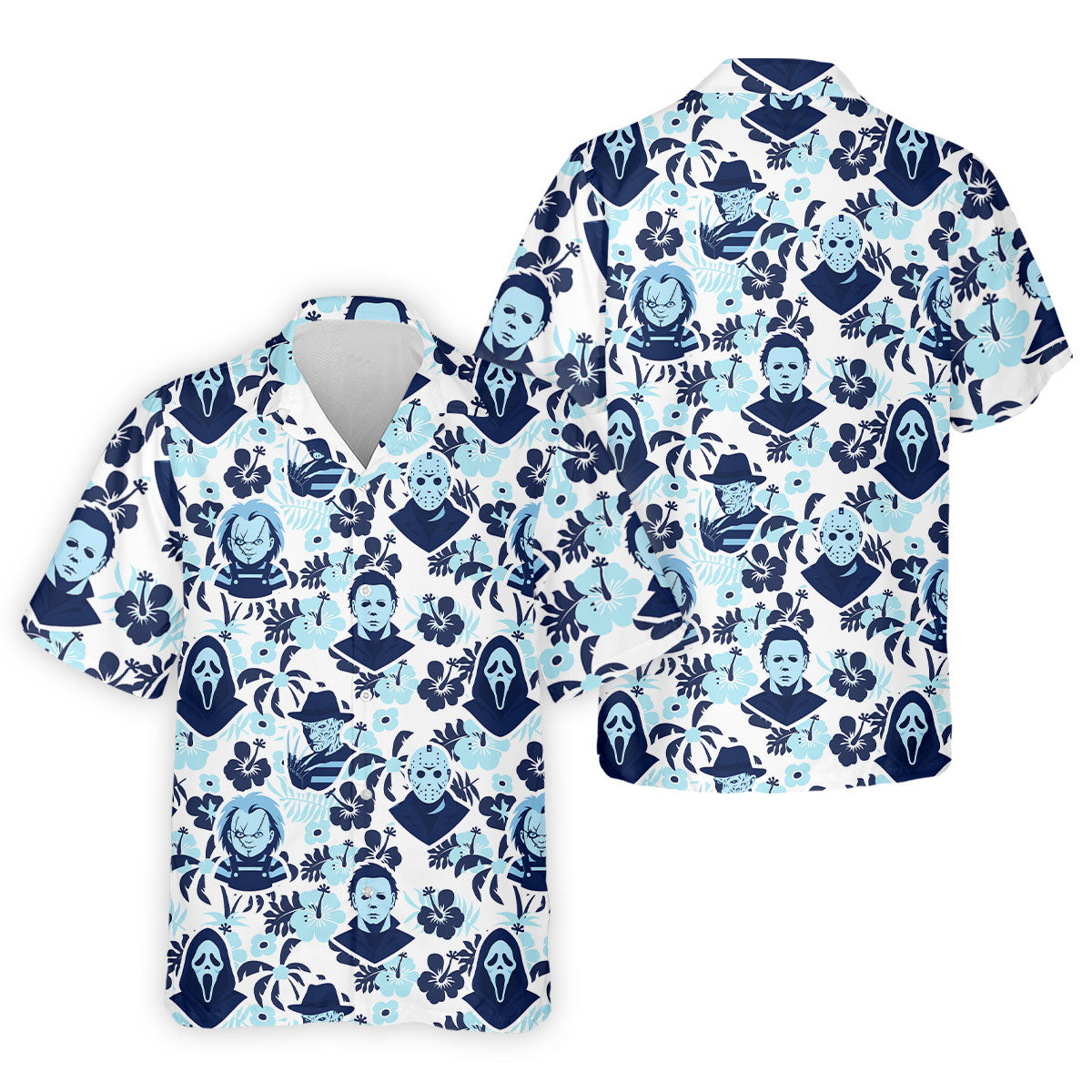 Blue Tropical Horror Character Halloween Golf Shirt, Mens Golf Apparel, Hawaiian Golf Shirt