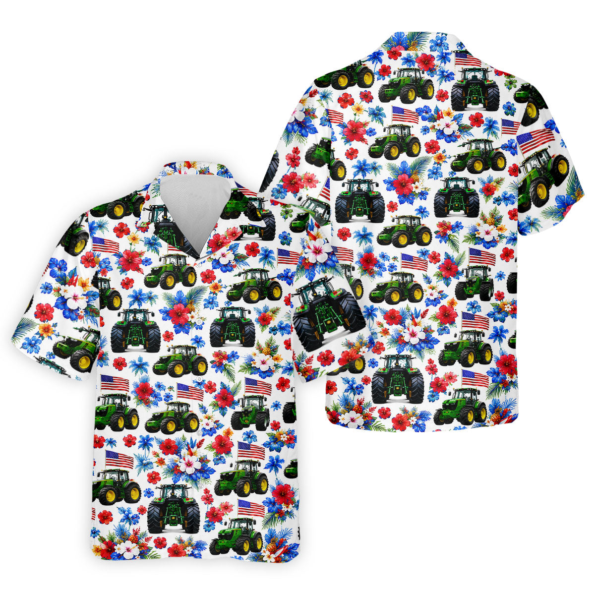 American Tractor Golf Shirt, Patriotic Wildflower Country Farm Pattern, Golf Shirt For Men