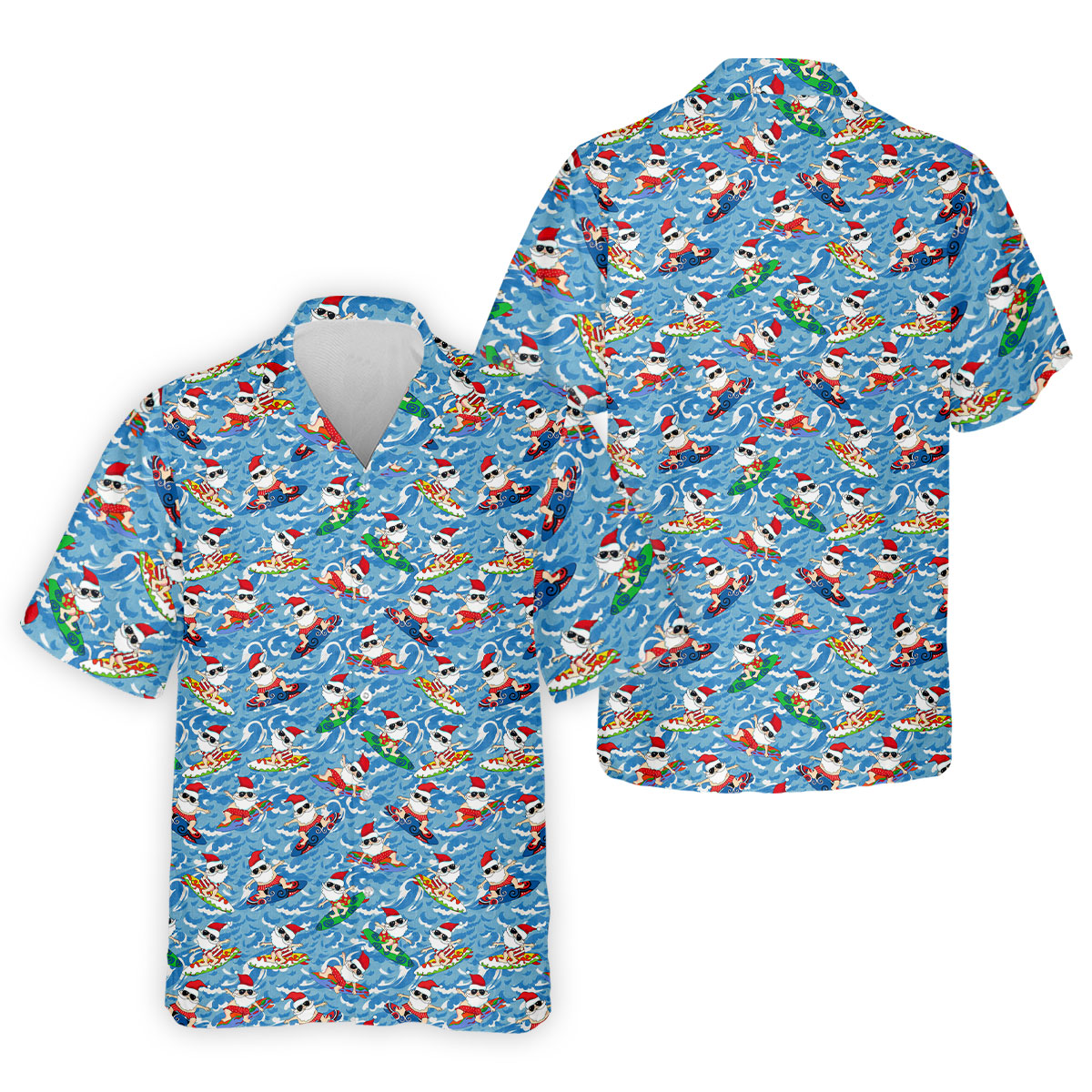 Surfing Santa Christmas Ocean Pattern Polo Shirt, Mens Golf Polo, Christmas Golf Shirt