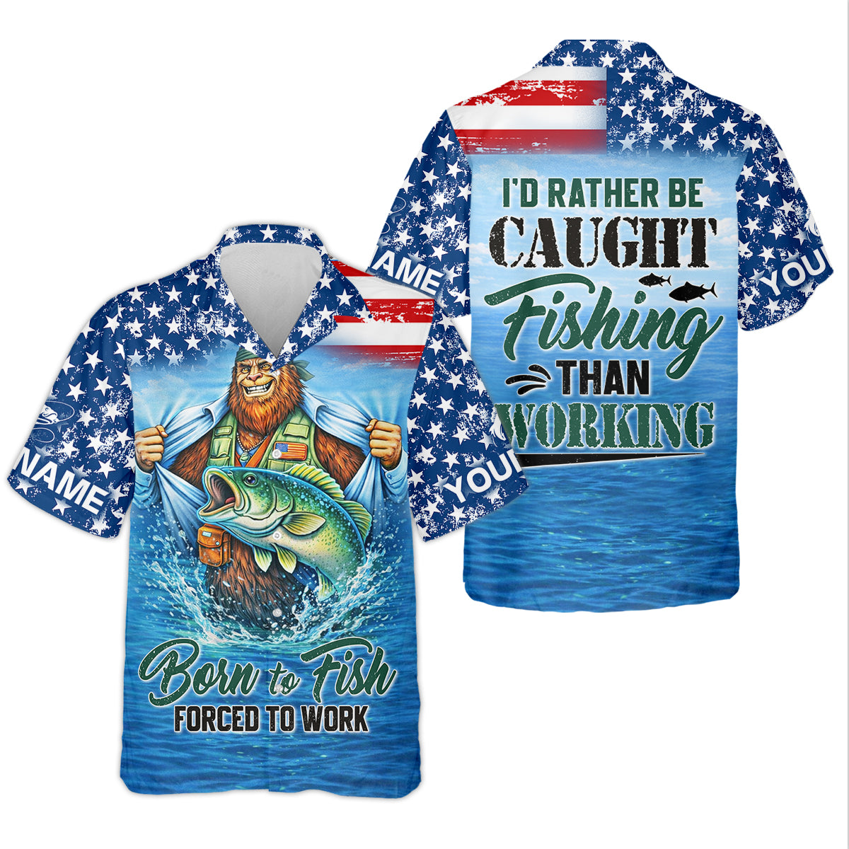 Born to Fish Forced to Work Bigfoot Fishing UPF Shirt – American Flag Fishing Shirt