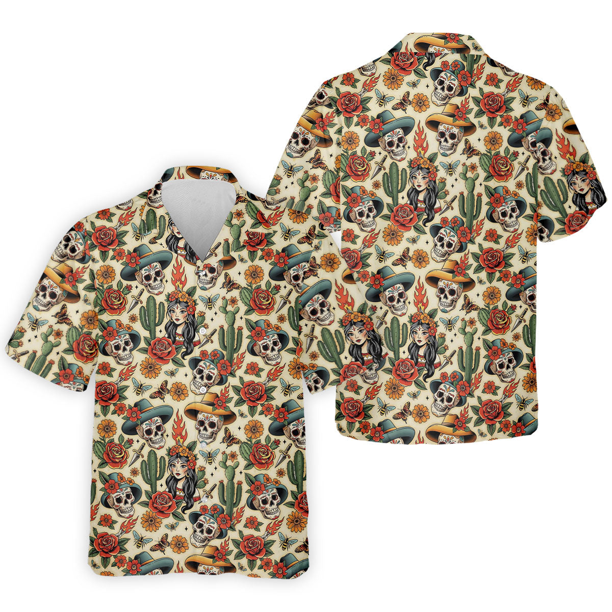 Day Of The Dead Sugar Skull Floral Polo Shirt, Mens Golf Polo, Hawaiian Golf Shirt