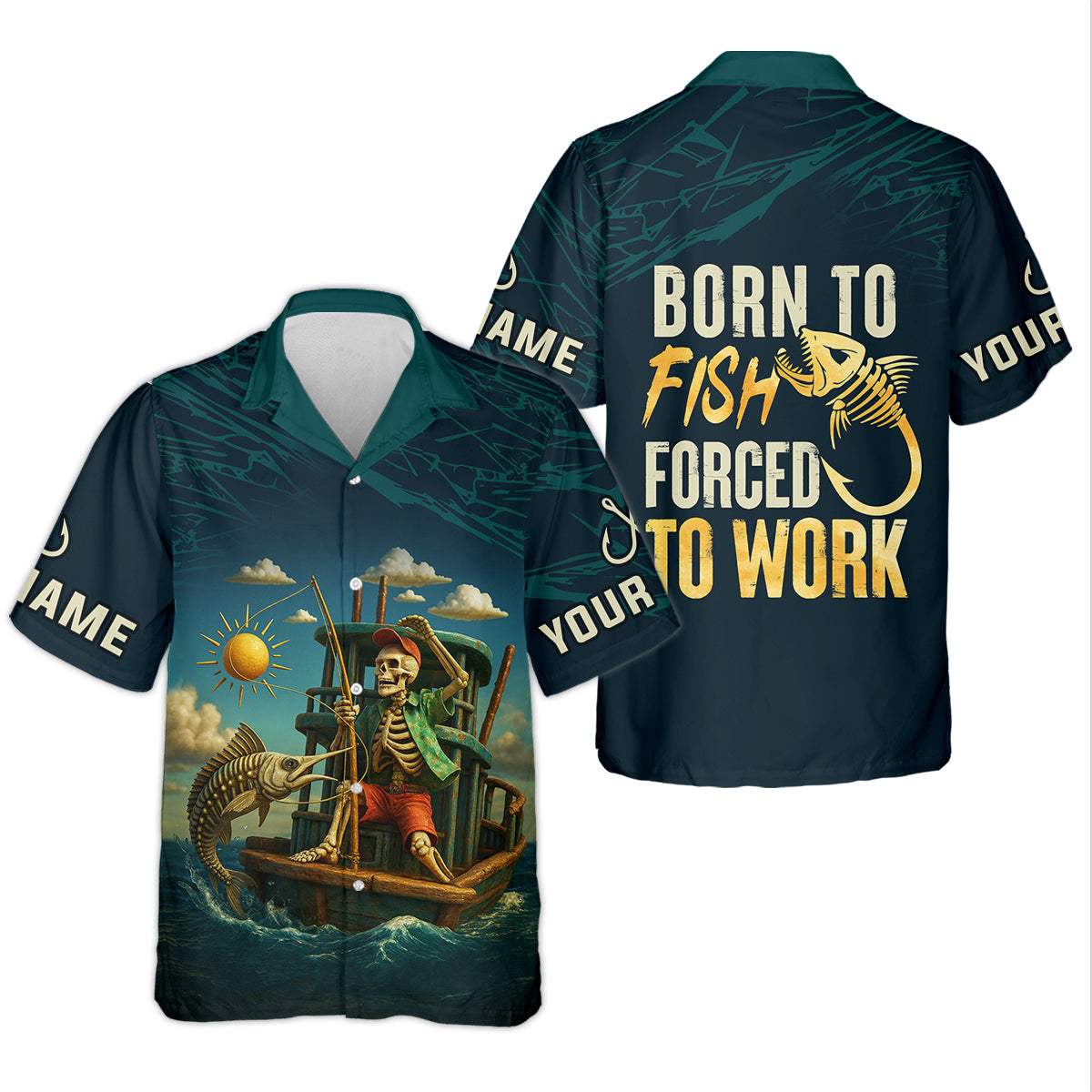 Born To Fish Forced To Work Funny Skeleton Fishing UPF Shirts, Presents For Fishermen, Men's Fishing Shirt