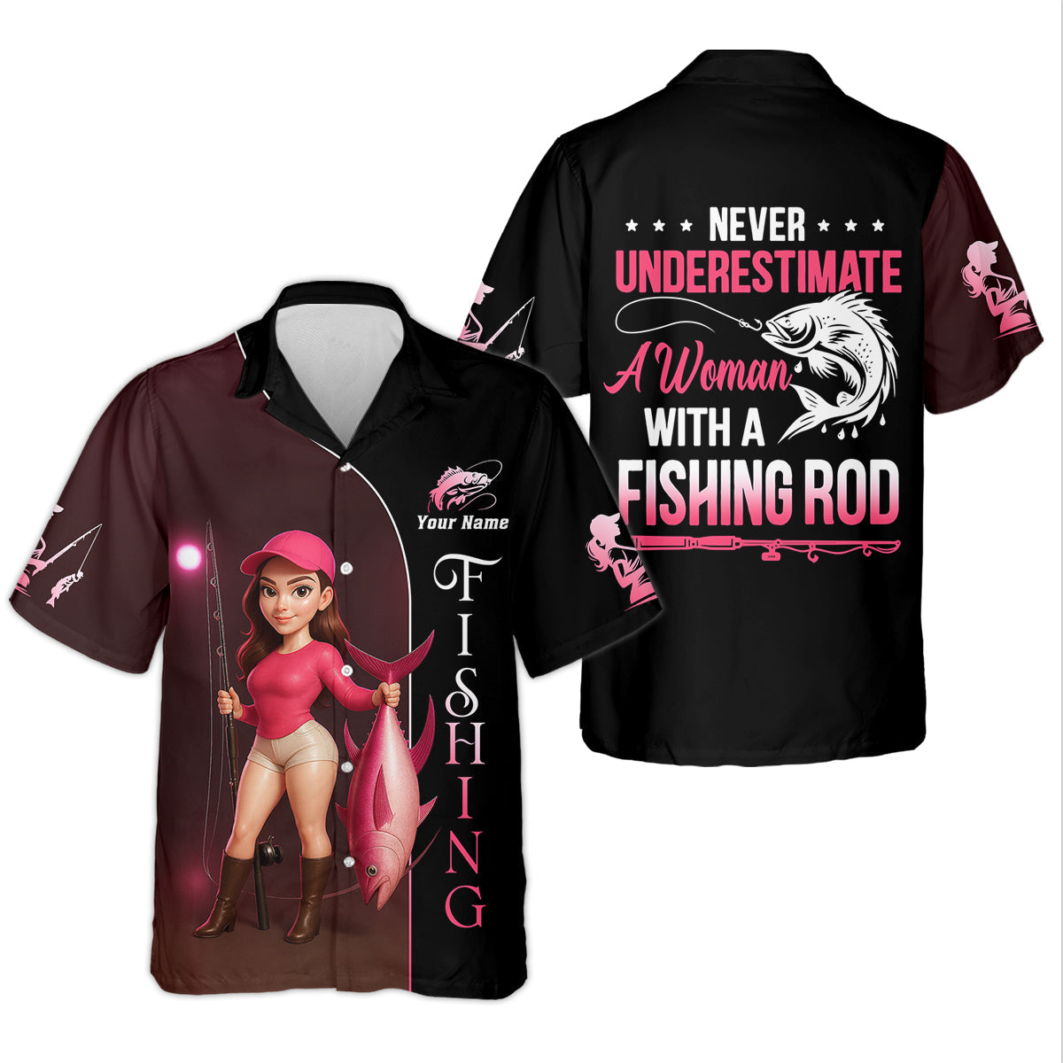 Never Underestimate A Women With A Fishing Rod Custom Name Fishing UPF Shirts, Women Fishing Shirt