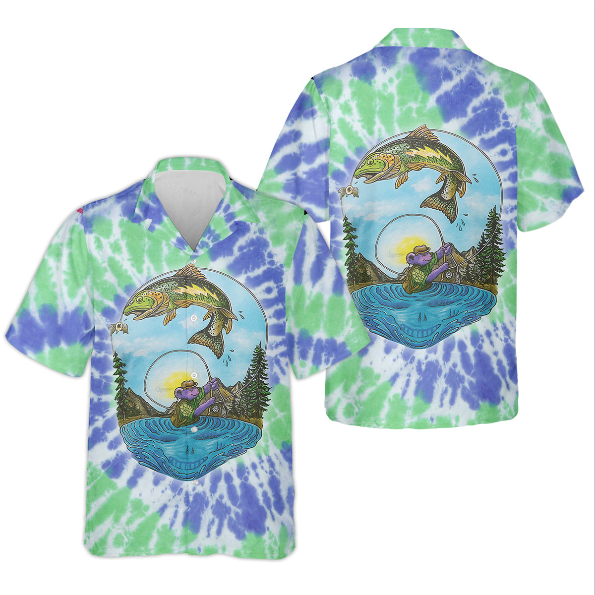 Bear Fishing Green And Purple Cool Tie Dye Patterns Fishing UPF Shirts, Fishing Gifts For Men, Men's Fishing Shirt