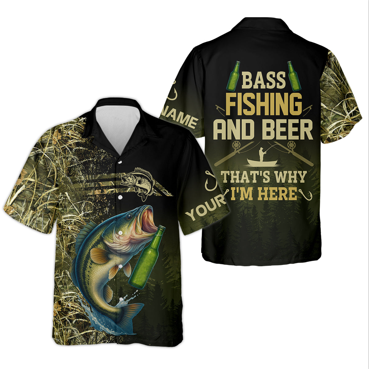 Bass Fishing And Beer That's Why I'm Here Camouflage Fishing Shirts, Funny Fishing Shirt, SPF Shirt For Men