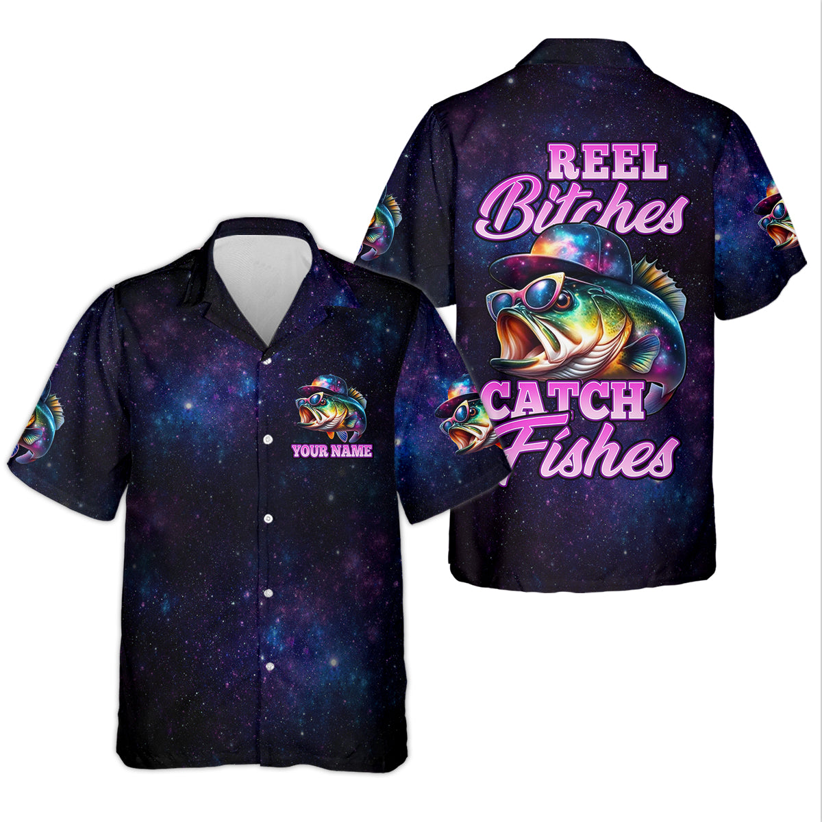 Reel Bitches Catch Fishes Galaxy Pattern Fisherwomen SPF Shirt, Funny Fishing Shirt, Fishing Shirt For Women