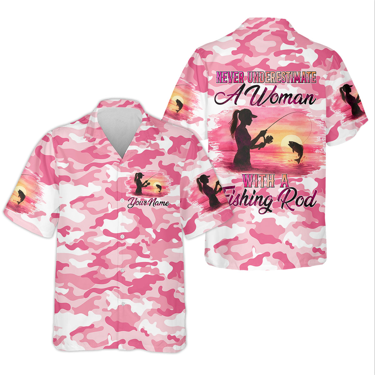 Never Underestimate A Women With A Fishing Rod Women's Pink Camo Fishing UPF Shirts, Female Fishing Shirts
