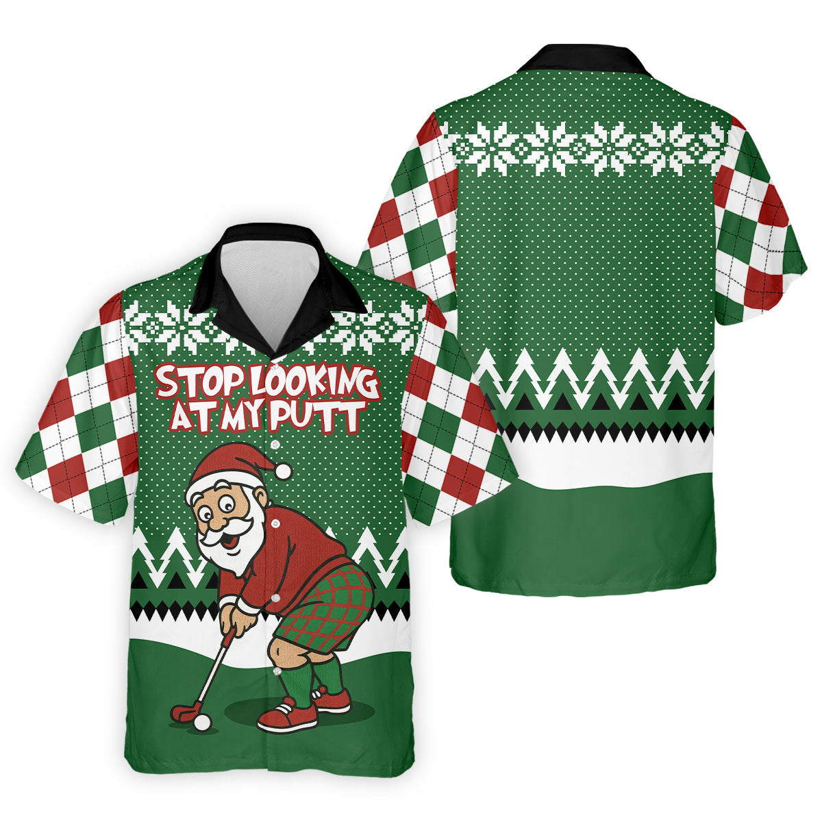 Stop Looking At My Putt Funny Santa Claus Argyle Golf Shirt, Christmas Golf Shirt, Polo Shirts For Men