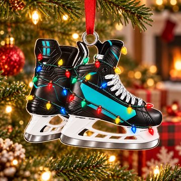 Custom Name Teal Hockey Skates Acrylic Ornament, Christmas Ornaments, Hockey Gifts