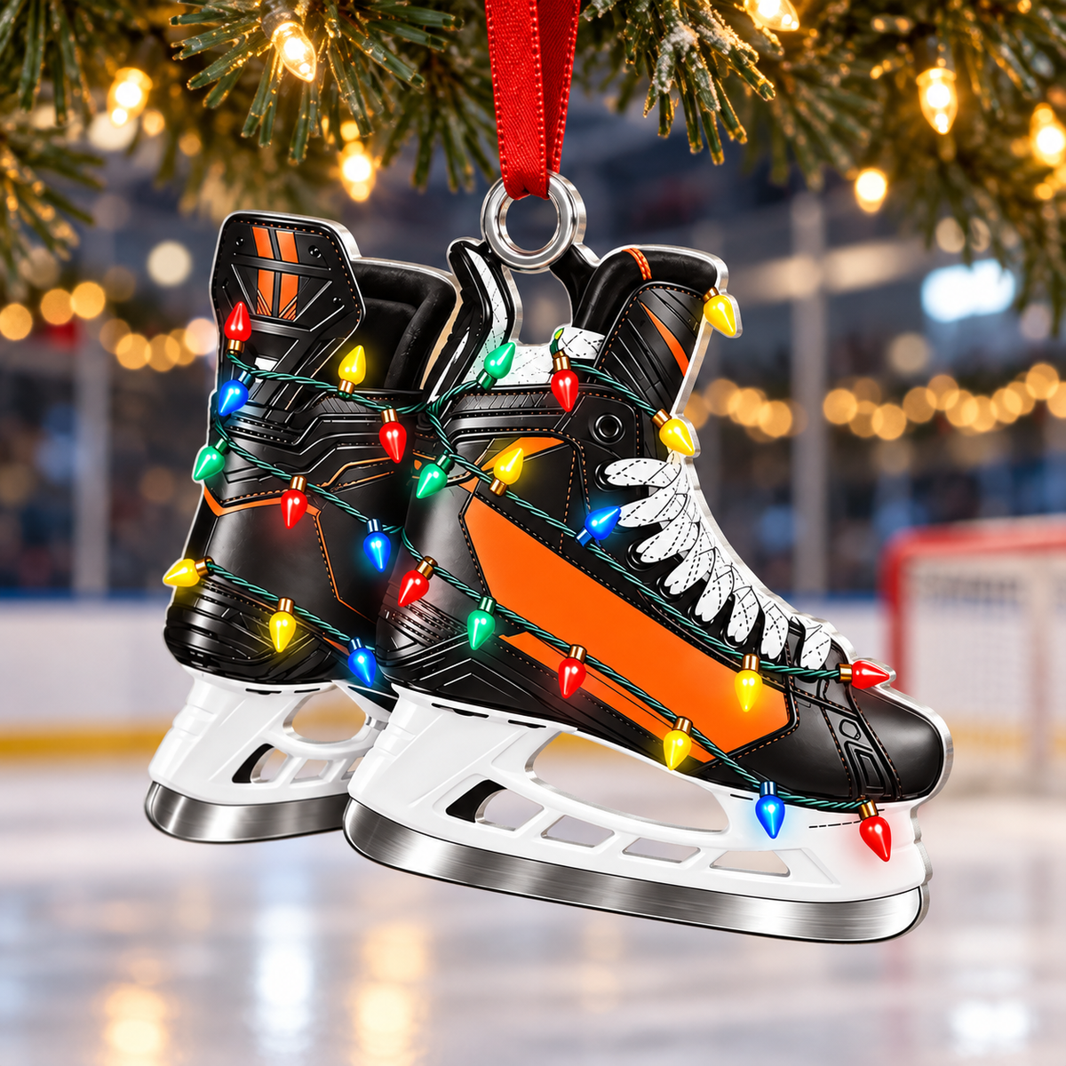 Custom Name Orange Hockey Skates Acrylic Ornament, Christmas Ornaments, Hockey Gifts