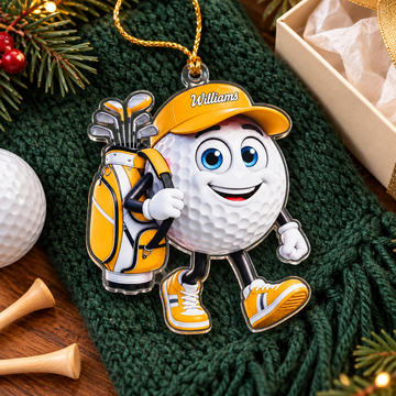 Custom Name Yellow Walking Golf Ball Acrylic Ornament, Christmas Gifts, Golfer Gifts