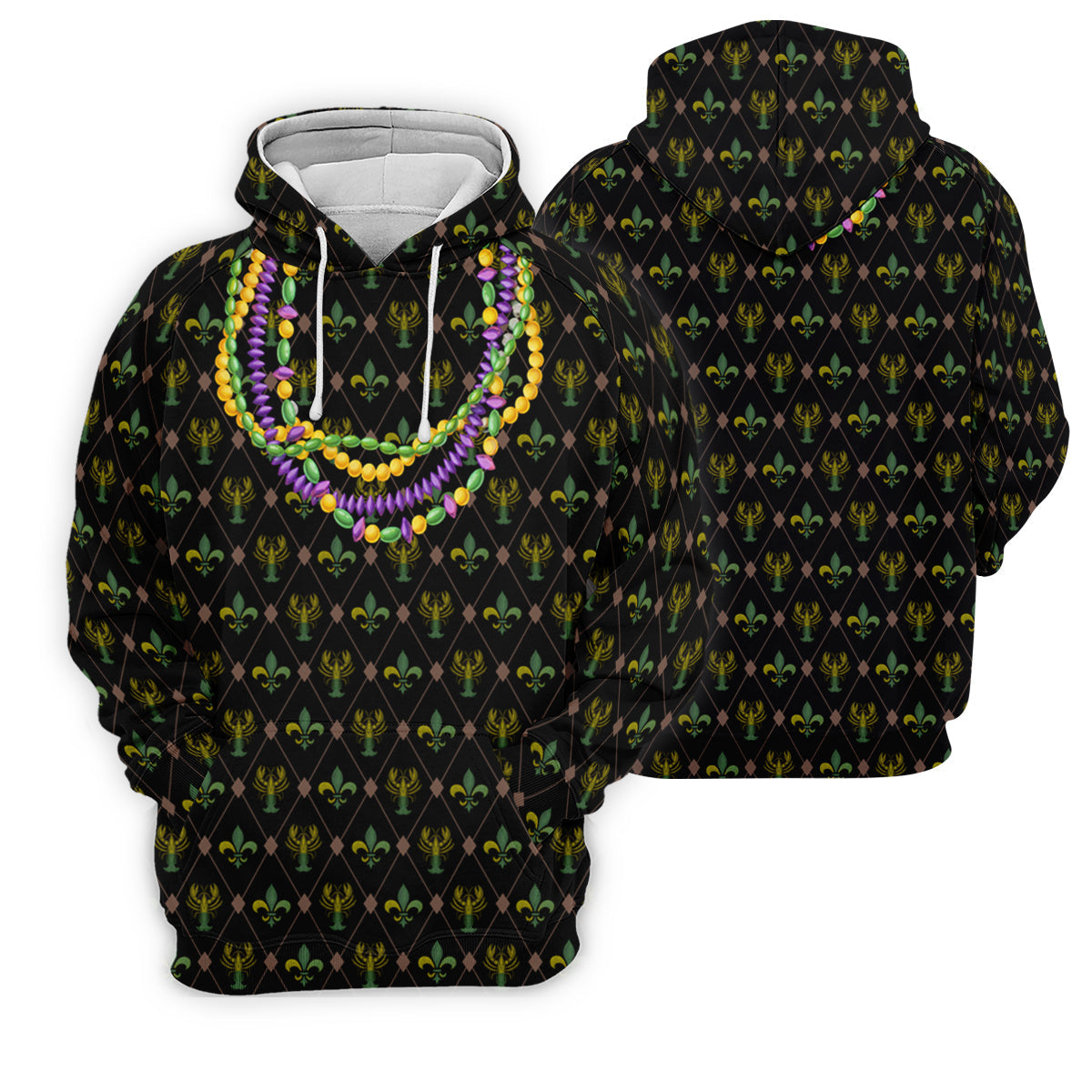 Mardi Gras Purple Green Gold Beads Chain Fleur De Lis Argyle Pattern Black Golf Shirt, Women's Golf Tops