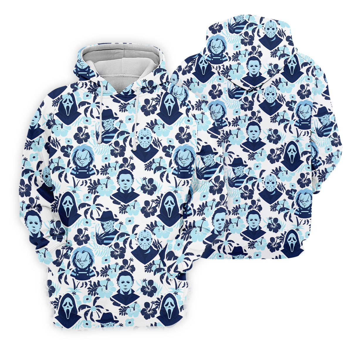 Blue Tropical Horror Character Halloween Golf Shirt, Mens Golf Apparel, Hawaiian Golf Shirt