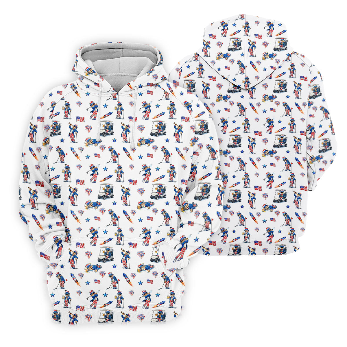 Patriotic Man Golf And Beer Funny 4th Of July White Golf Shirt, 250 Years Seamless Pattern Women's Golf Tops
