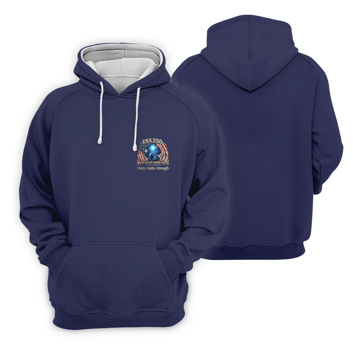 One Nation Under God Faith Cross USA 250 Logo Navy Golf Shirt, 4th Of July Golf Shirts For Men