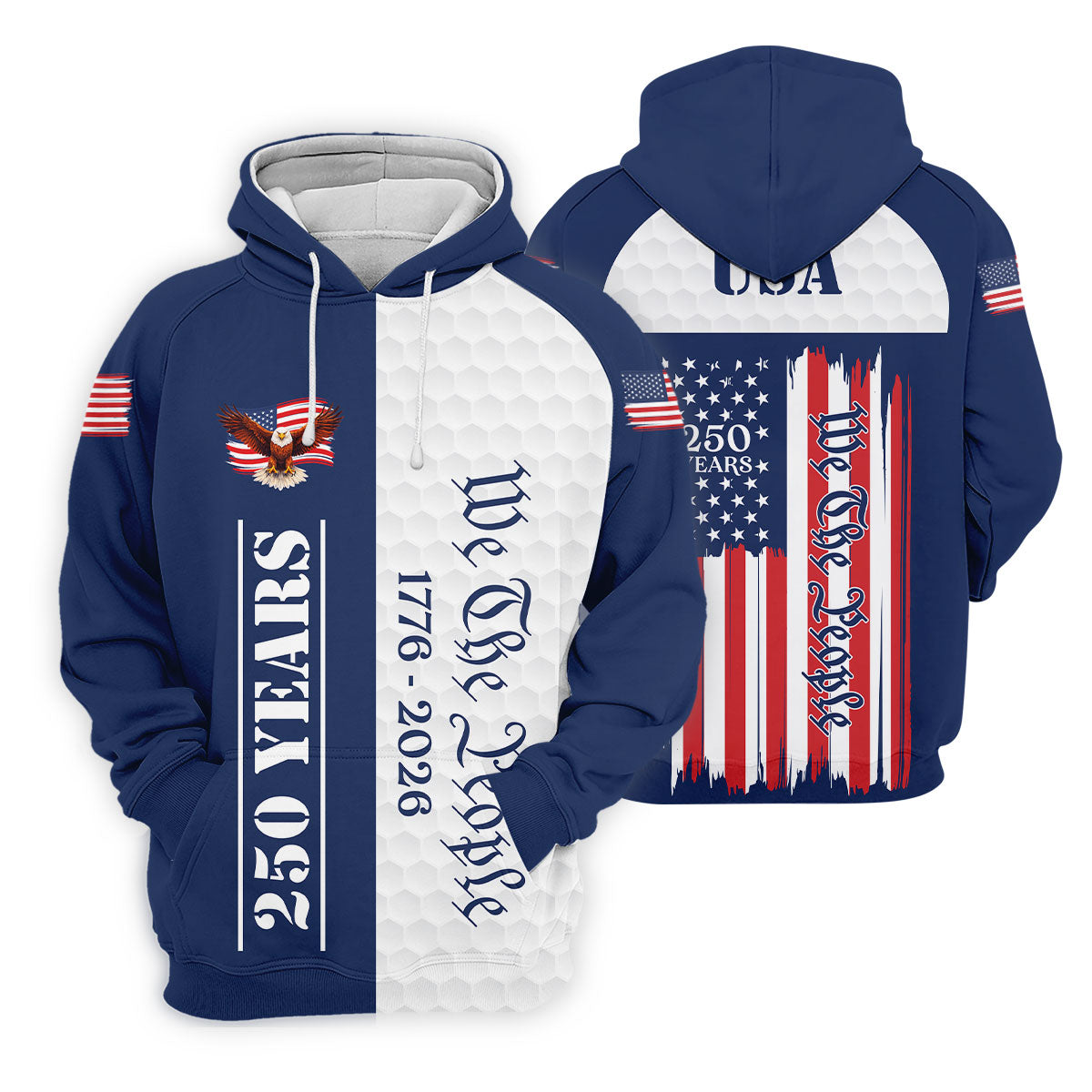 We The People Bald Eagle US Flag Golf Ball Pattern 250 Years Patriotic 4th Of July Golf Shirts For Men