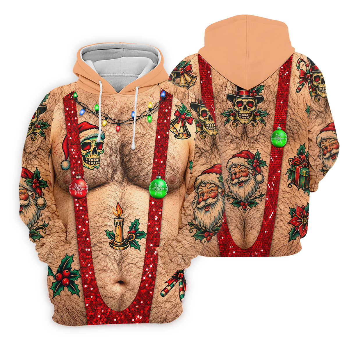 Santa Skull Hairy Chest Christmas Golf Shirt, Mens Golf Polo, Golf Shirts For Men