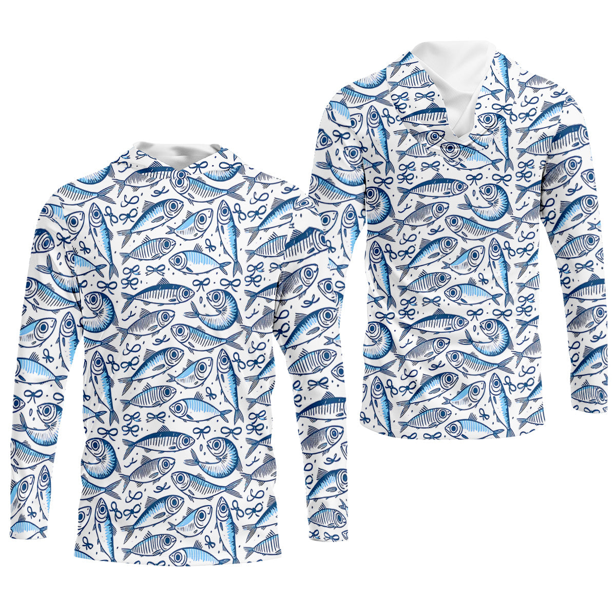 Navy Fish Pattern Fishing UPF Shirts, Female Fishing Shirts, SPF Long Sleeve Shirts Womens