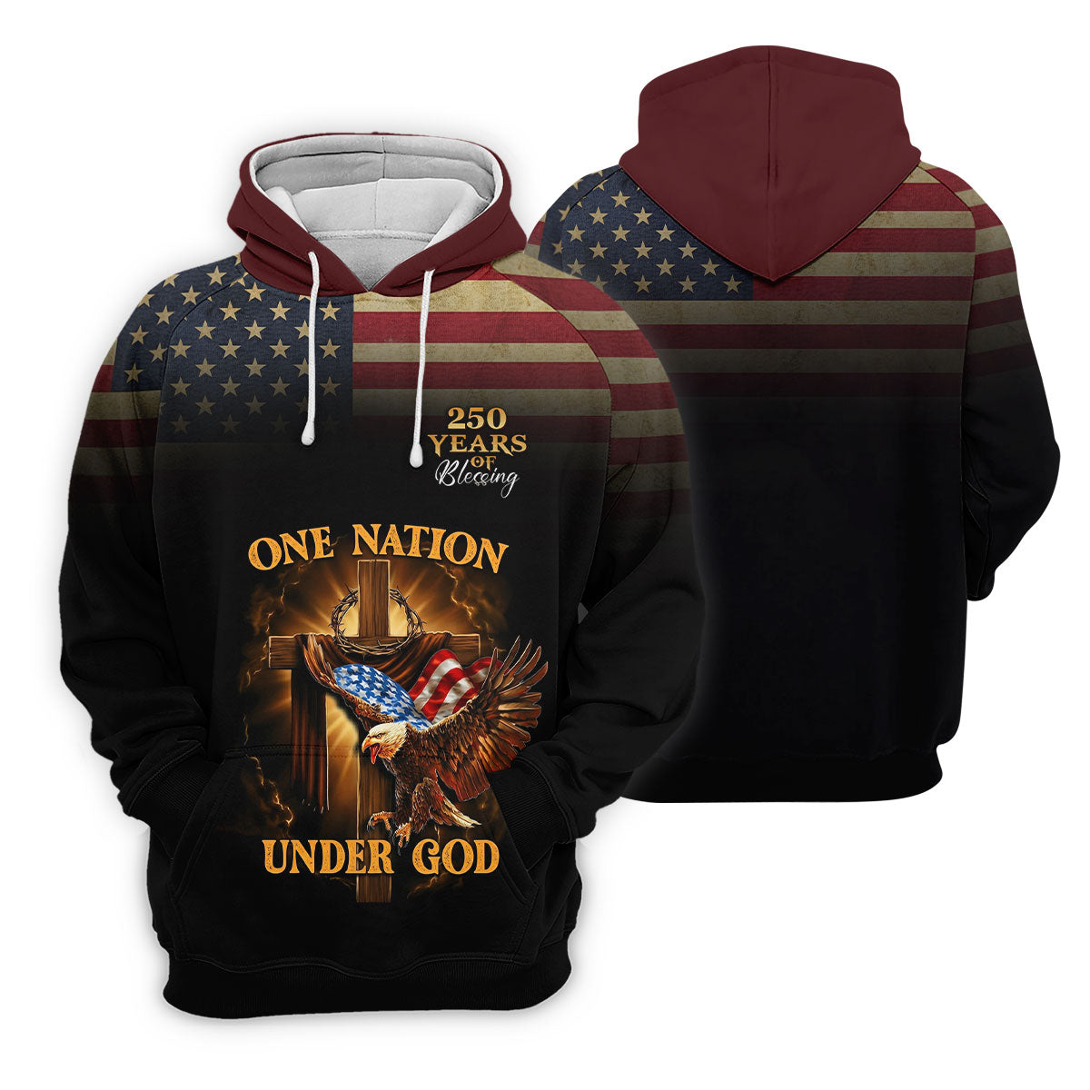 One Nation Under God 250 Years Faith Cross Golf Tops For Men, Patriotic US Flag Father's Day Golf Shirt
