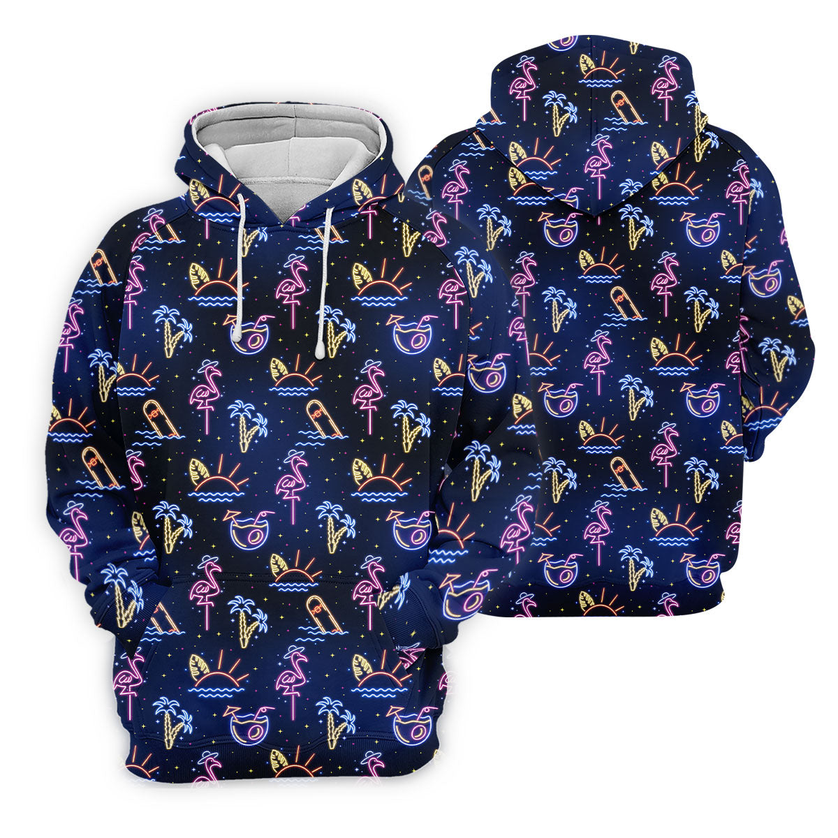 Neon Tropical Flamingo Sunset Cocktail Night Golf Polo, Hawaiian Golf Shirt, Polo Shirts For Men