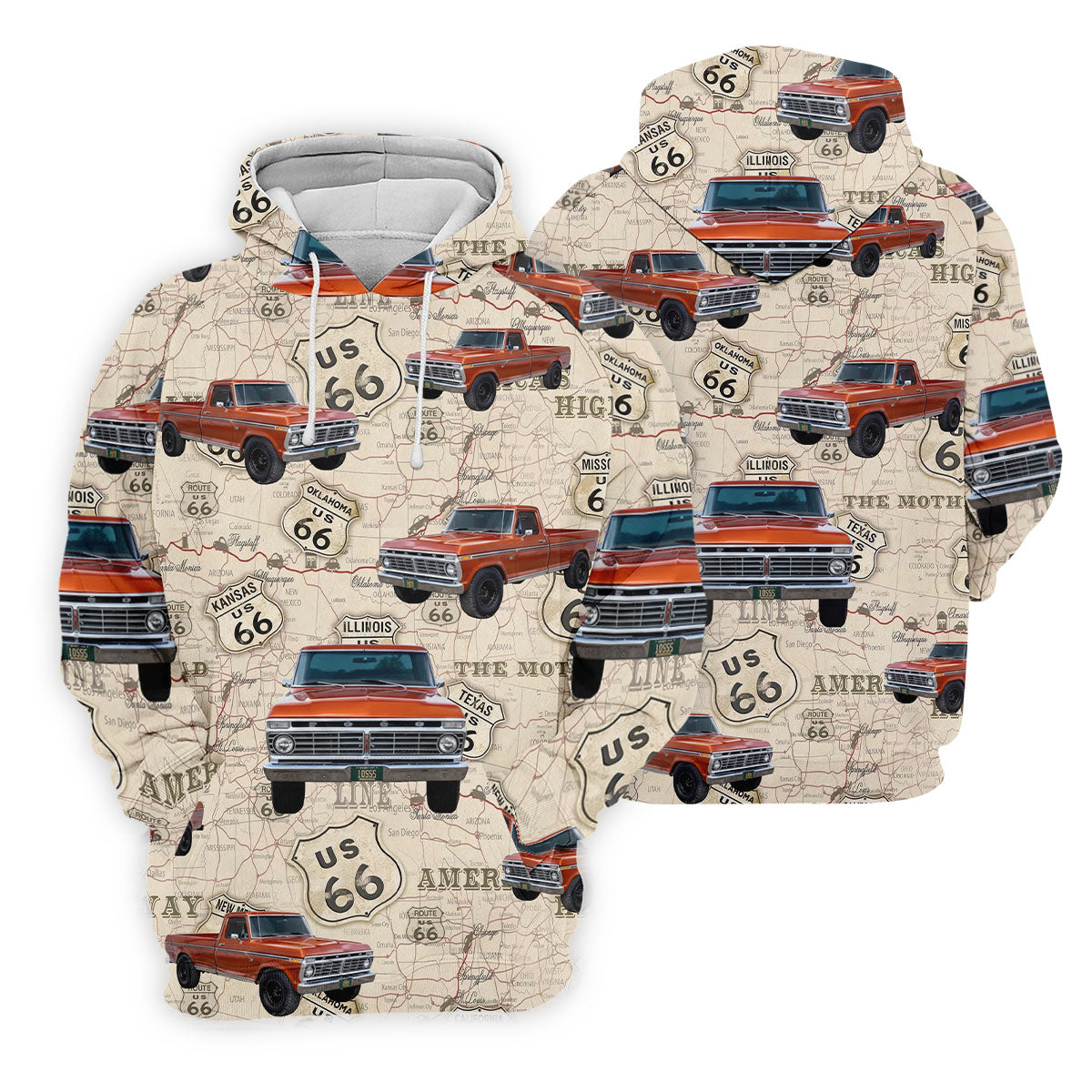 Custom Photo Truck Golf Shirt, Vintage Pickup Route 66 Map Pattern, Golf Shirt For Women