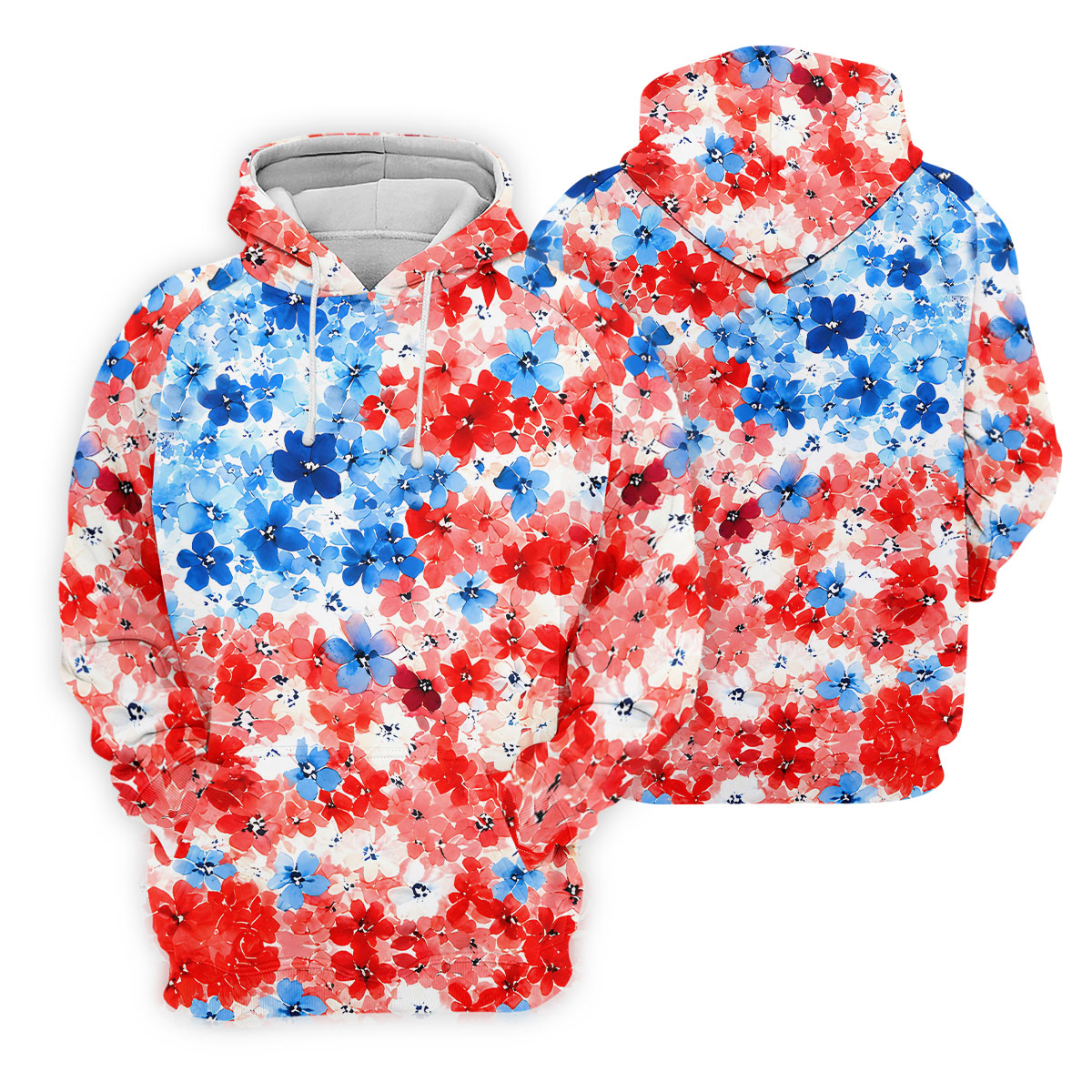 Patriotic Floral Golf Shirt, Red White Blue Blossom Pattern, Golf Shirt For Men