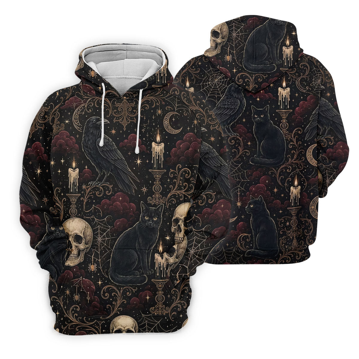 Gothic Raven Black Cat Skull Halloween Polo Shirt, Golf Shirts For Men, Mens Golf Apparel