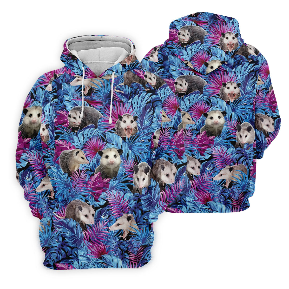Funny Opossum Blue Purple Hawaiian Golf Shirt, Tropical Theme Golf Shirts For Men