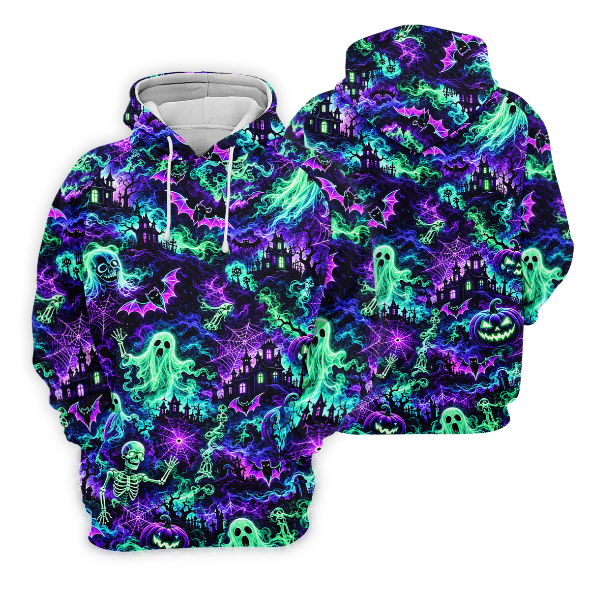 Neon Ghost Skeleton Halloween Horror Character Polo Shirt, Golf Shirt, Womens Golf Apparel