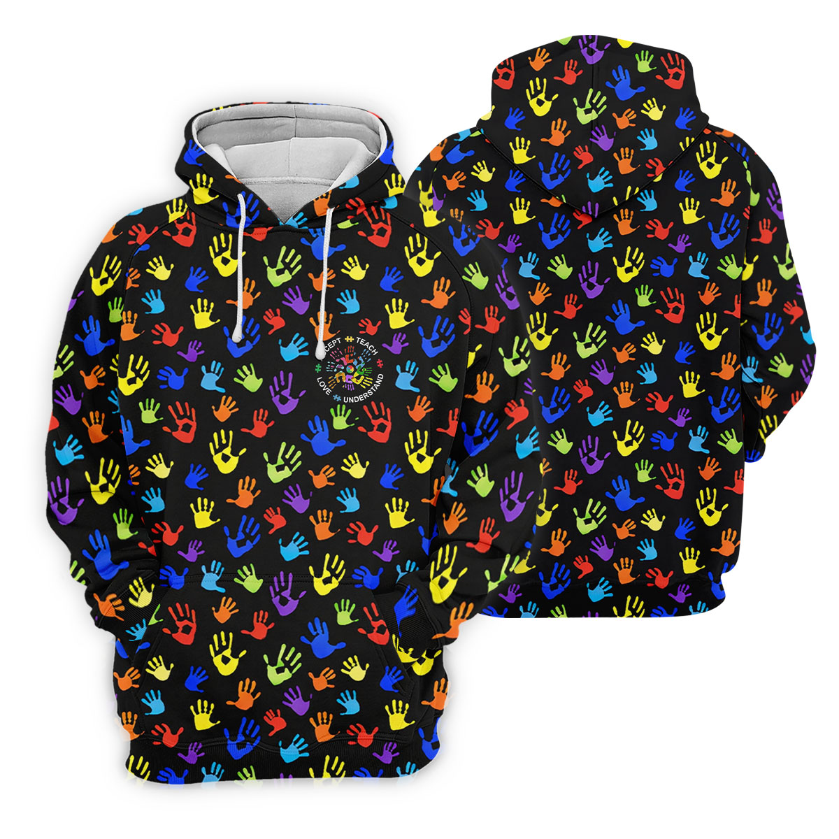 Accept Teach Understand Love Autism Awareness Colorful Handprint Black Golf Shirt, Women's Golf Tops