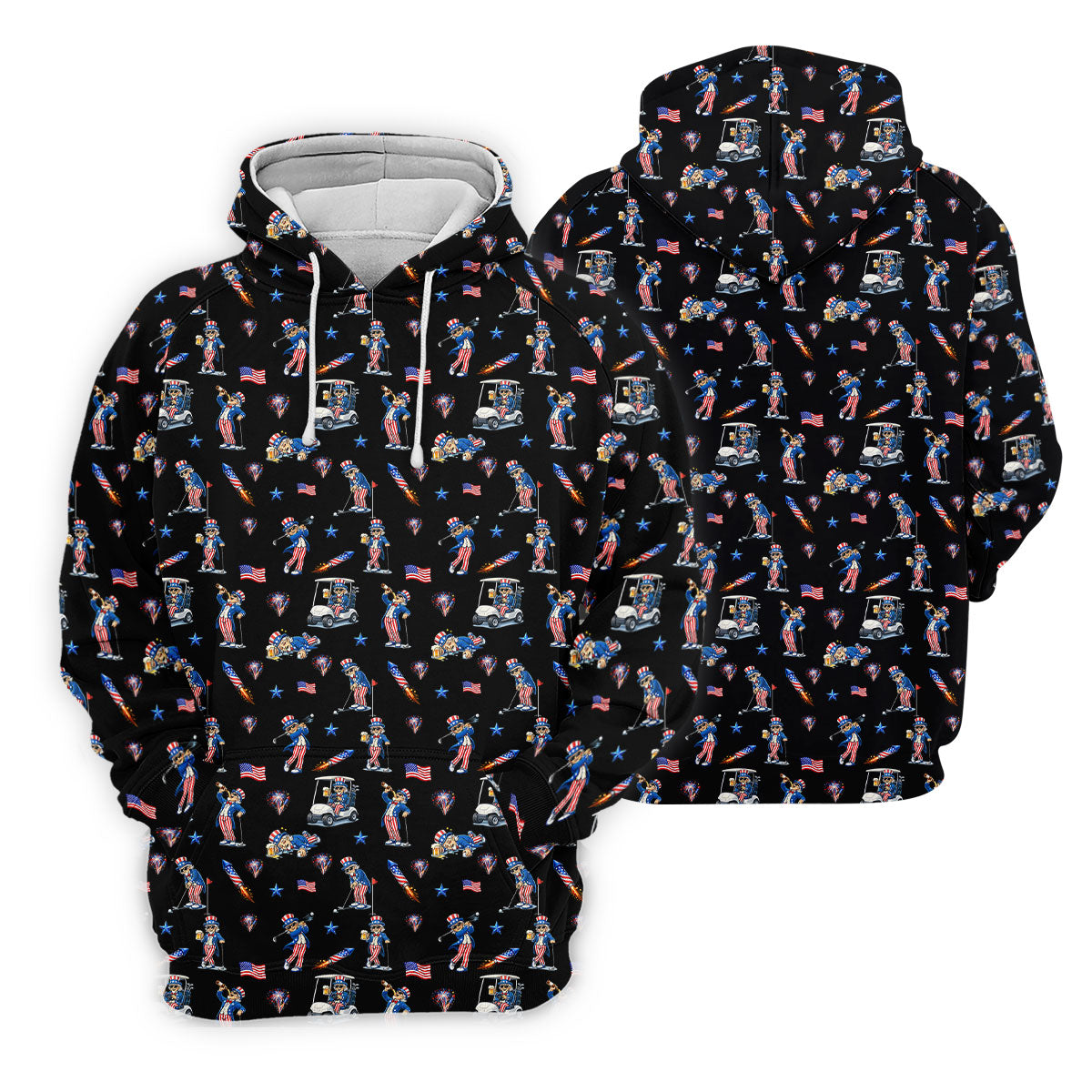 Patriotic Man Golf And Beer Funny 4th Of July Black Golf Shirt, 250 Years Seamless Pattern Women's Golf Tops