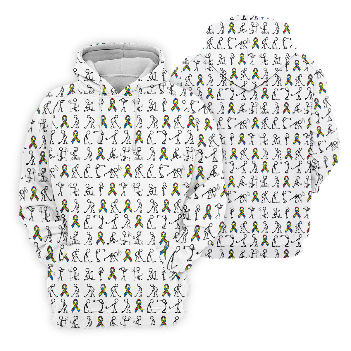 Stick Figure Golf Pose Autism Ribbon White Golf Shirt, Autism Awareness Colors Golf Shirts For Men