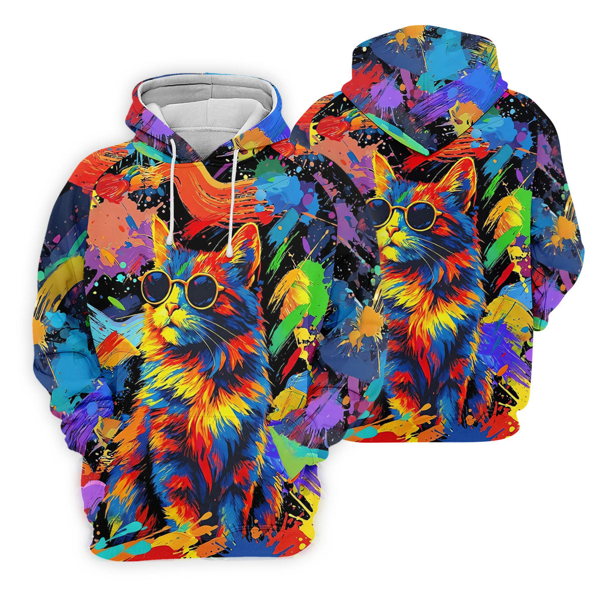 Colorful Cat Sunglasses Paint Splash Golf Shirt, Men's Golf Shirt, Golf Apparel For Men