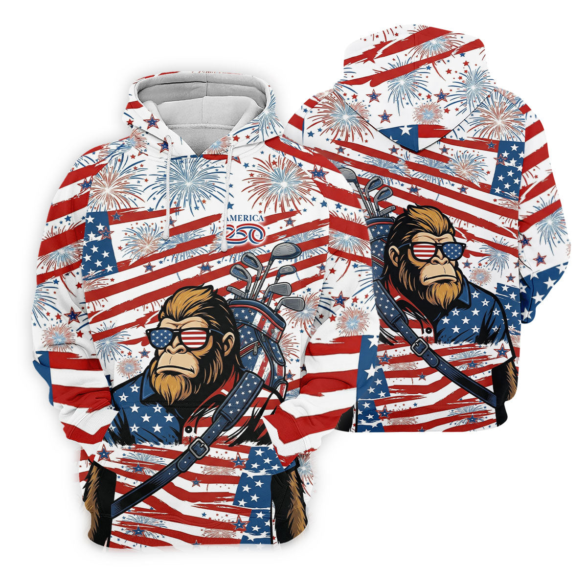 Red White Blue Stars And Stripes 250 Years Bigfoot Golf Shirt, Patriotic 4th Of July Golf Shirts For Men