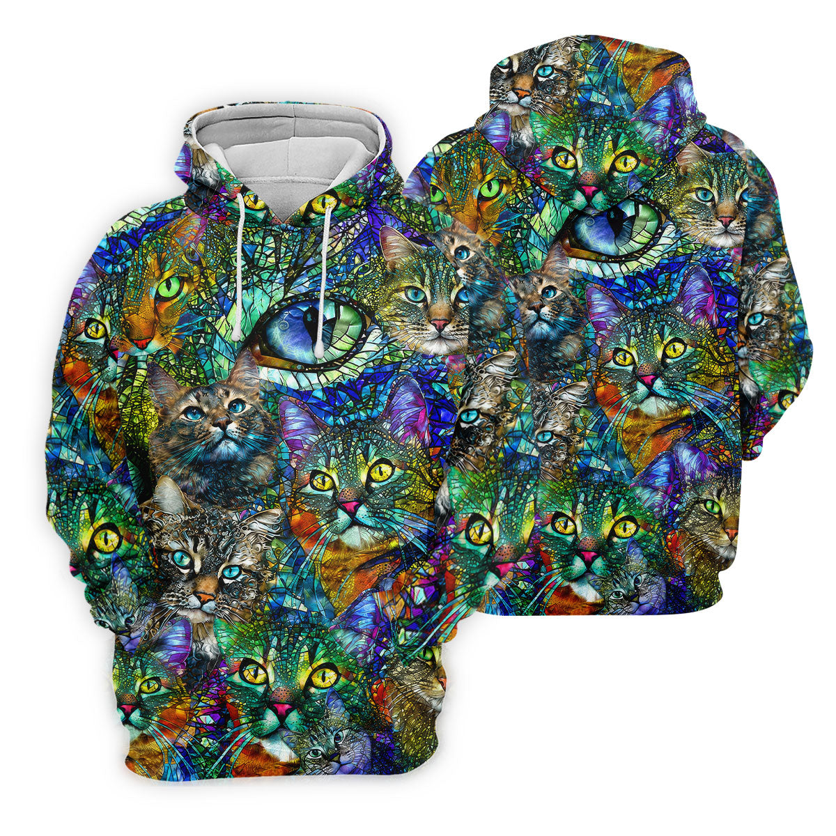 Colorful Stained Glass Cat Art Golf Polo Shirt, Men's Golf Shirt, Golf Polo Shirts For Men