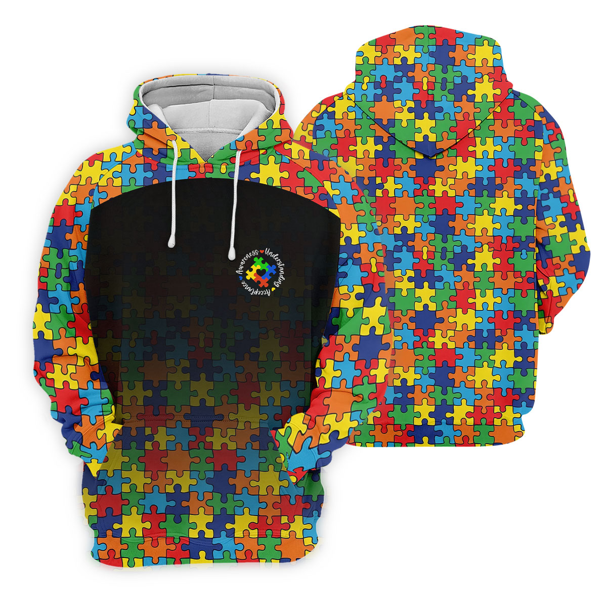Acceptance Awareness Understanding Autism Awareness Puzzle Pattern Black Fade Golf Shirts For Men