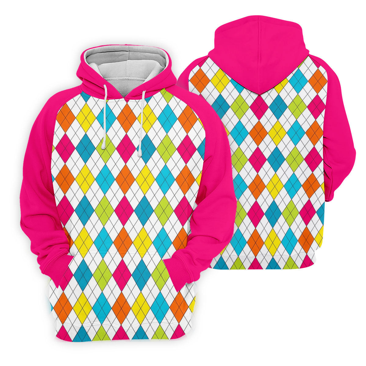 Pink Sleeve Colorful Argyle Plaid Golf Shirt, Mens Golf Polo, Printed Golf Shirts