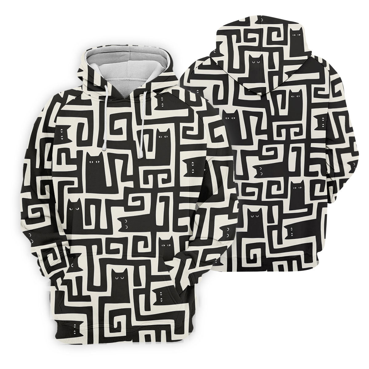 Minimalist Black Cat Maze Pattern Golf Polo Shirt, Men's Golf Shirt, Printed Golf Shirts