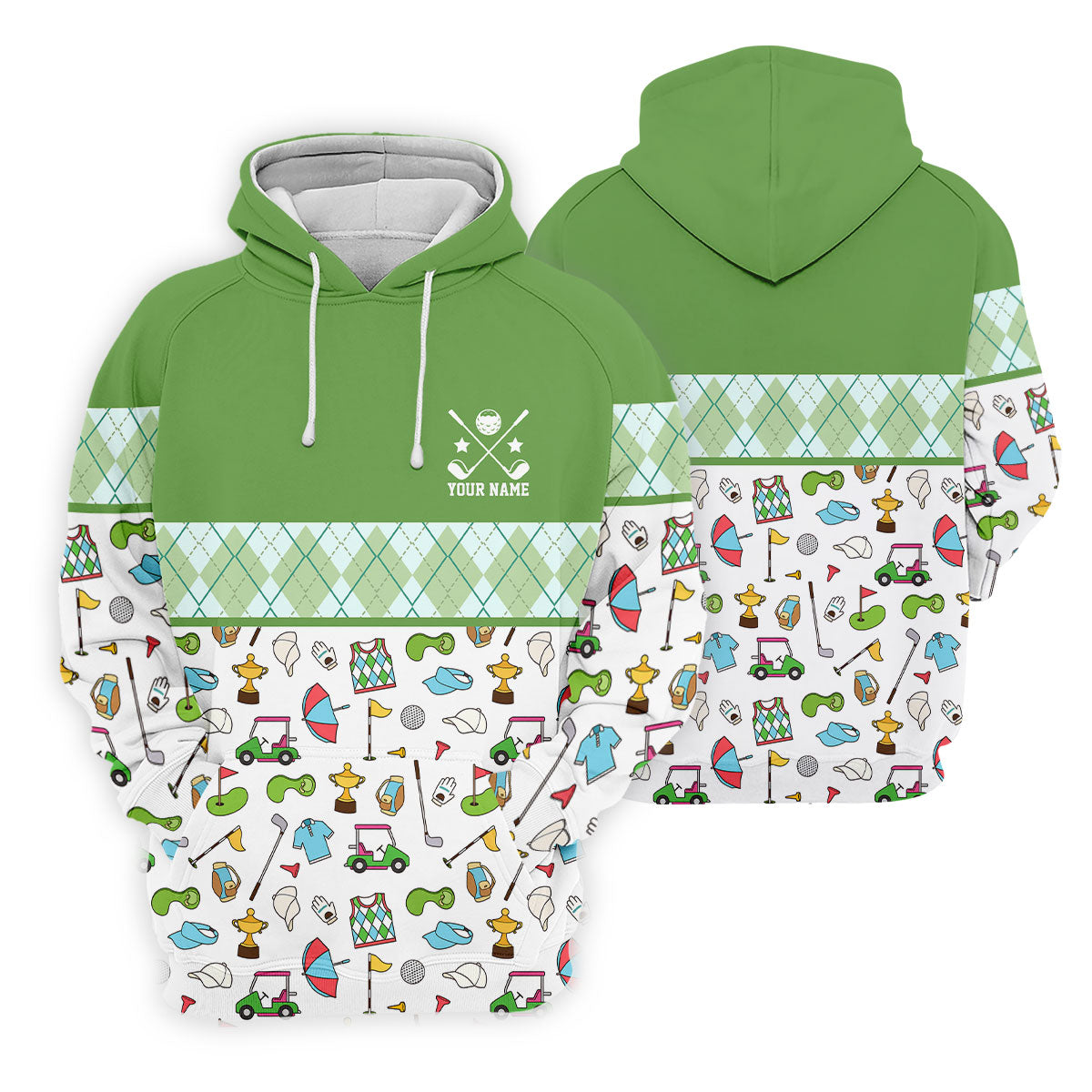 Custom Name Green Argyle Golf Icons Pattern Golf Shirt, Mens Golf Polo, Golf Shirts For Men, Printed Golf Shirts