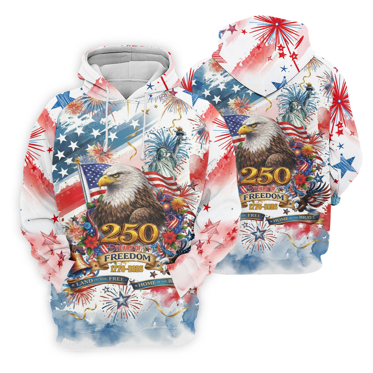 Land Of The Free Red White Blue Water Color Print 4th Of July Golf Shirt, 250 Years Golf Shirts For Men