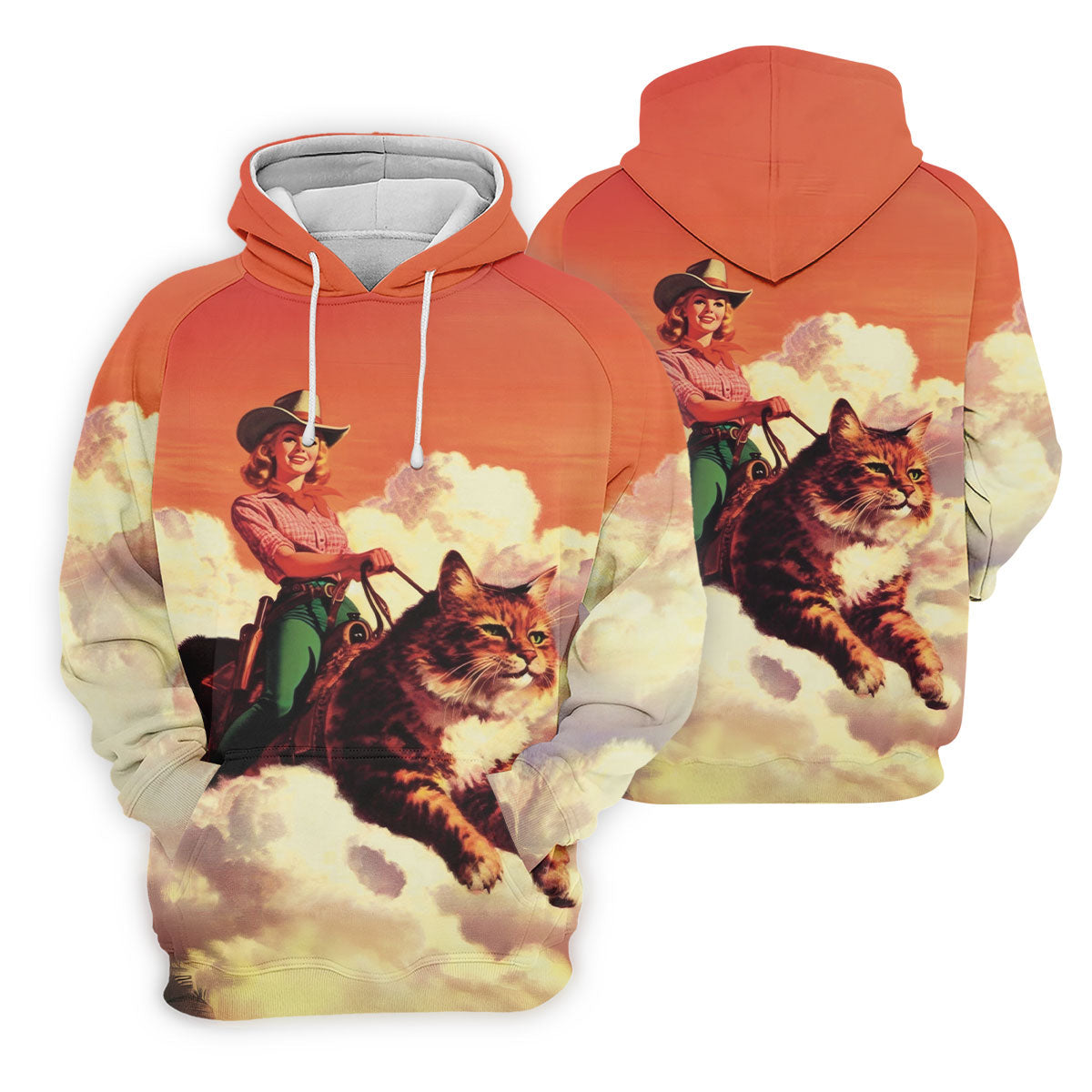 Orange Vintage Cowgirl Riding Giant Cat Golf Polo Shirt, Golf Shirts For Men, Hawaiian Golf Shirt