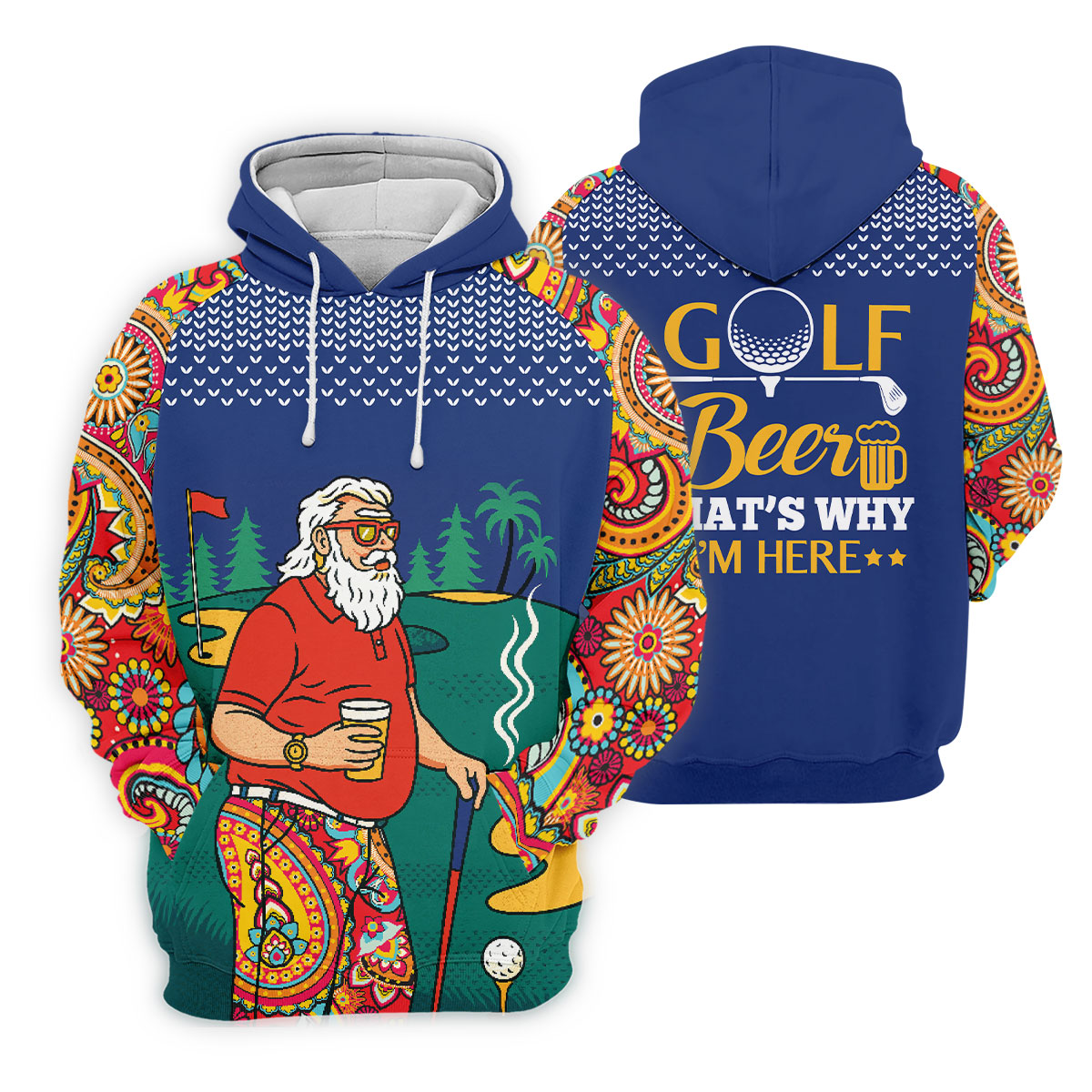 Funny Bearded Golfer With Beer And Paisley Sleeves Golf Polo, Golf Shirts For Men, Hawaiian Golf Shirt
