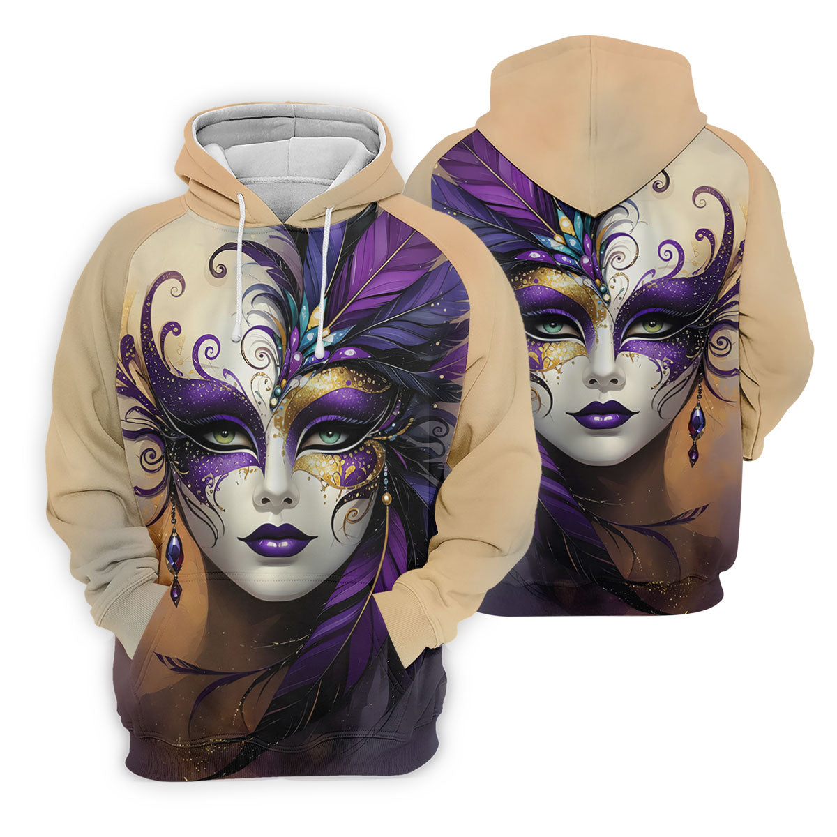 Feather Mask Mardi Gras Golf Shirt, Purple And Beige Women's Golf Tops, Ladies Golf Shirt