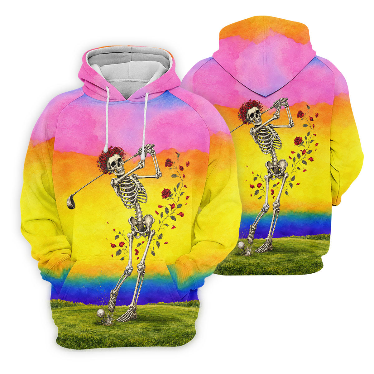 Rainbow Skeleton Golfer Golf Polo Shirt, Women's Golf Polo, Ladies Golf Shirts