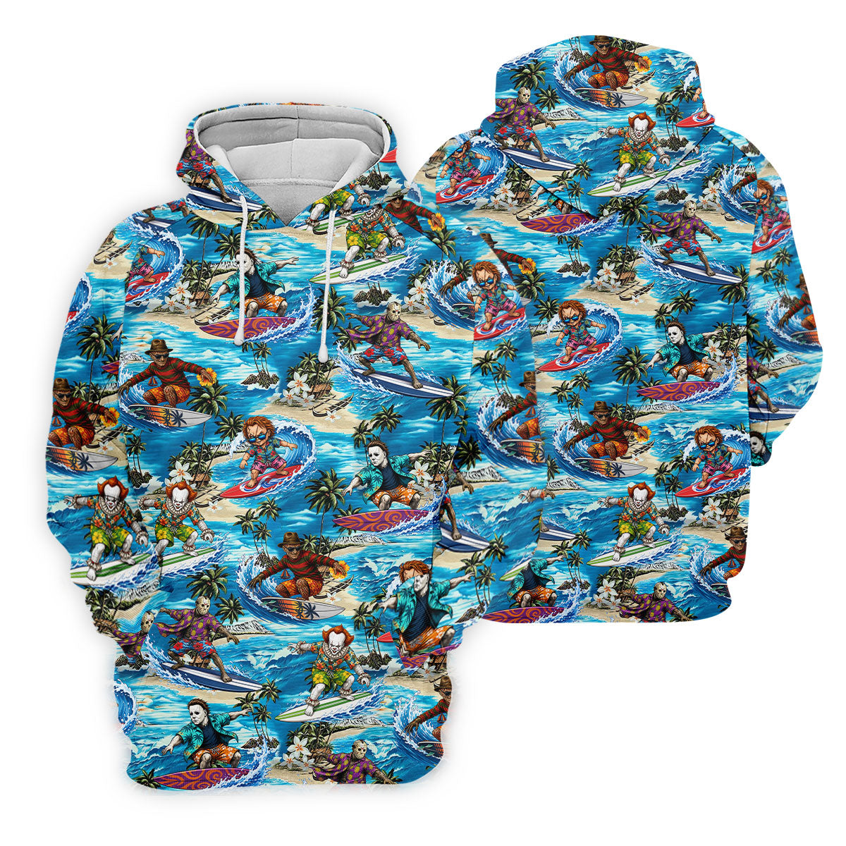 Horror Character Surfing Hawaiian Golf Shirt, Tropical Slasher Golf Shirt, Golf Shirts For Men