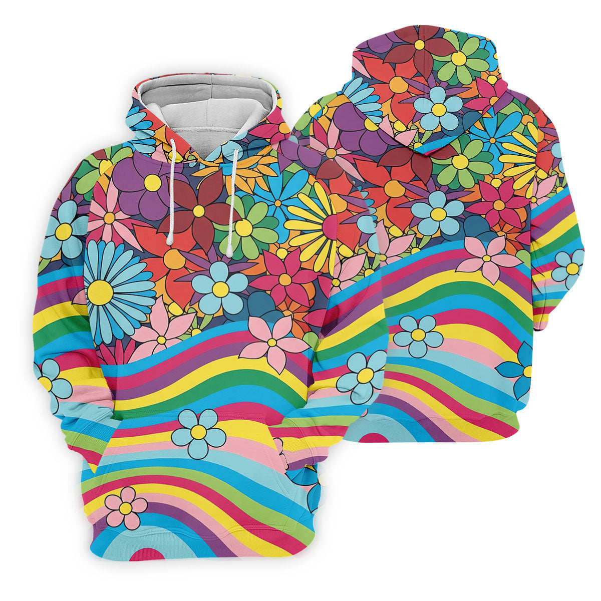 Retro Rainbow Floral Hippie Hawaiian Golf Shirt, Golf Shirts For Women, Women’s Golf Apparel