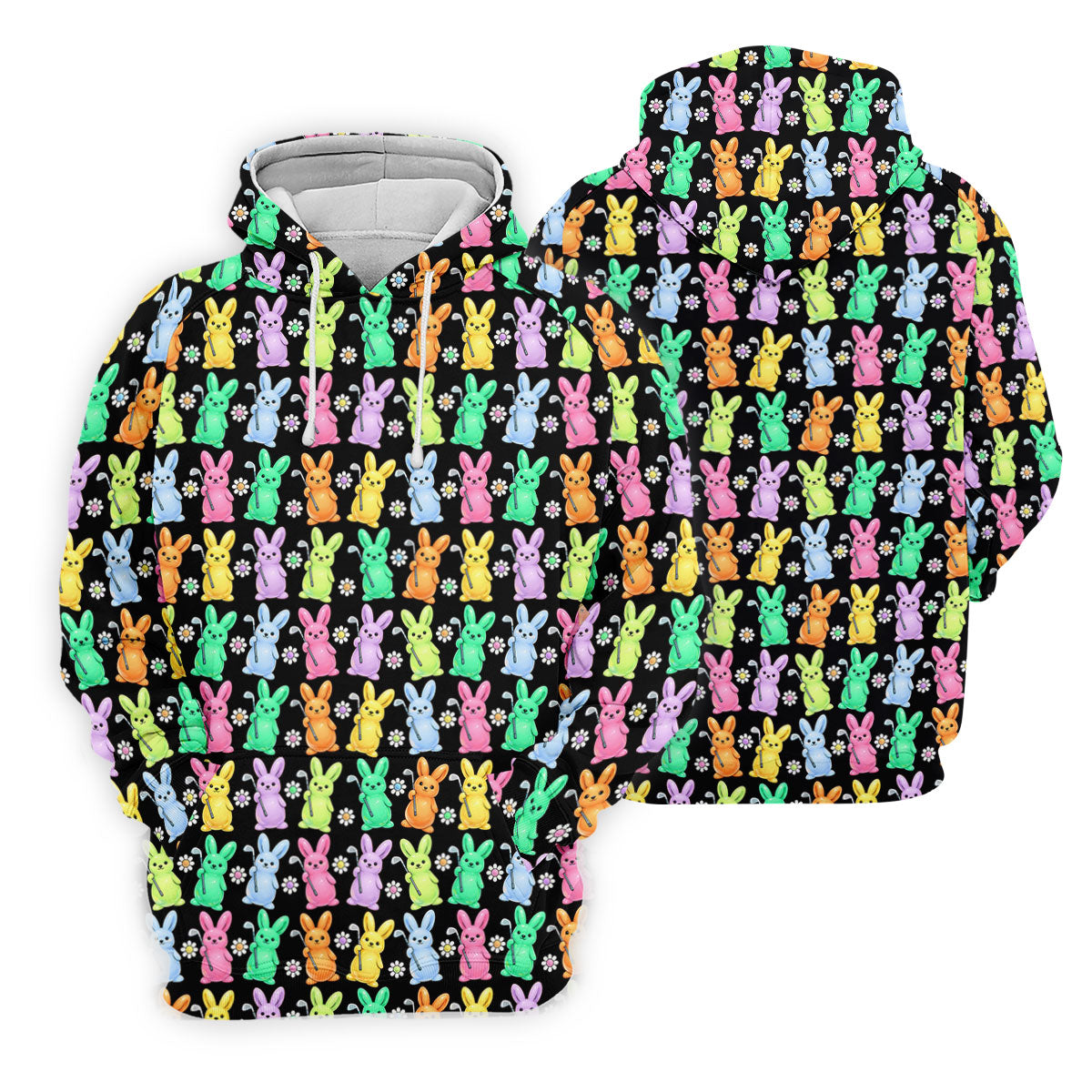 Colorful Easter Bunny Black Golf Shirt, Cute Golf Outfit, Women's Golf Tops, Ladies Golf Shirts